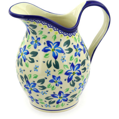 Polish Pottery Pitcher 7&frac34; Cup Blue Clematis
