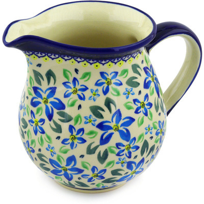 Polish Pottery Pitcher 7 Cup Blue Clematis