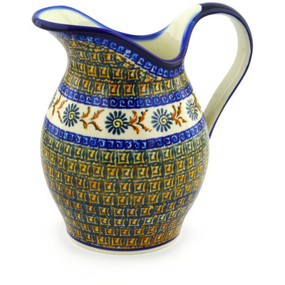 Polish Pottery Pitcher 7&frac34; Cup Brown Floral Mosaic UNIKAT