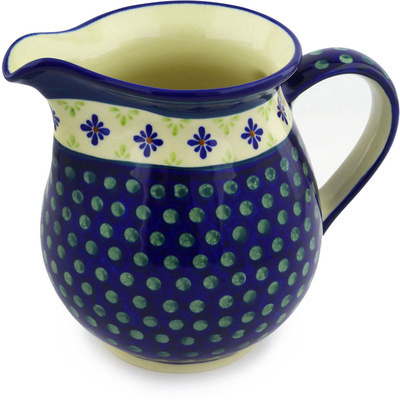 Polish Pottery Pitcher 7 Cup Green Gingham Peacock