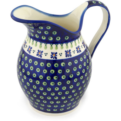 Polish Pottery Pitcher 7&frac34; Cup Green Gingham Peacock