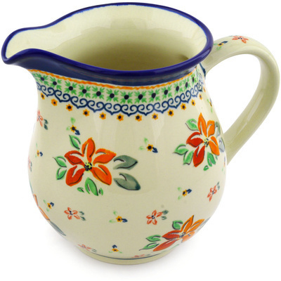 Polish Pottery Pitcher 7 Cup Orange Clematis