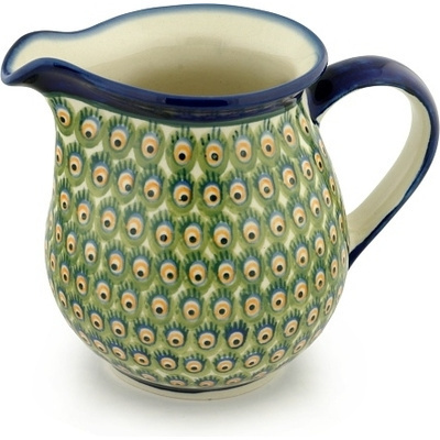 Polish Pottery Pitcher 7 Cup Peacock Feathers