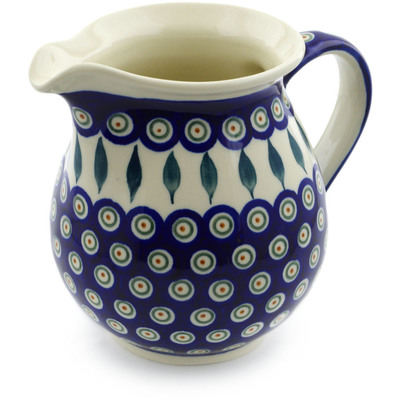 Polish Pottery Pitcher 7 Cup Peacock Leaves