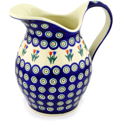 Polish Pottery Pitcher 7&frac34; Cup Tulip Pair Peacock