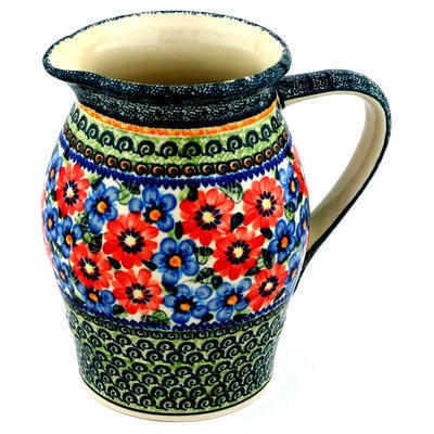 Polish Pottery Pitcher 76 oz Blue And Red Poppies UNIKAT