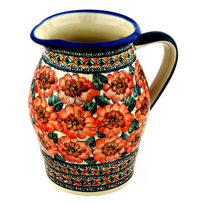 Polish Pottery Pitcher 76 oz Peach Poppies UNIKAT