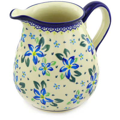 Polish Pottery Pitcher 9 Cup Blue Clematis