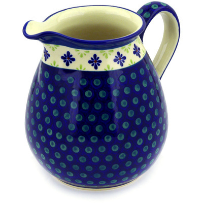 Polish Pottery Pitcher 9 Cup Green Gingham Peacock
