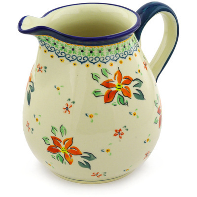 Polish Pottery Pitcher 9 Cup Orange Clematis
