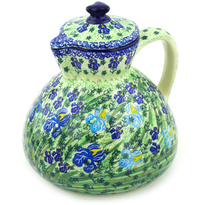 Polish Pottery Pitcher with Lid 101 oz Blue Iris Delight UNIKAT