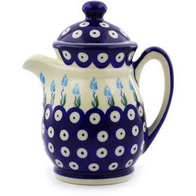 Polish Pottery Pitcher with Lid 15 oz Peacock Tulip Garden