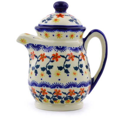 Polish Pottery Pitcher with Lid 15 oz Red Sunflower