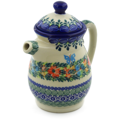 Polish Pottery Pitcher with Lid 15 oz Ring Of Flowers UNIKAT