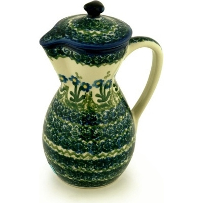 Polish Pottery Pitcher with Lid 17 oz Blue Daisy Circle