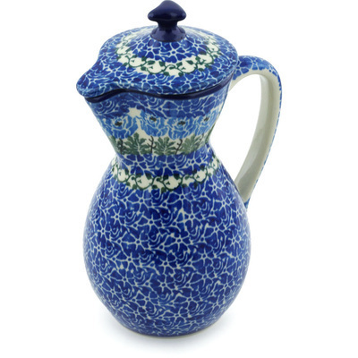 Polish Pottery Pitcher with Lid 17 oz Blue Rosette Wreath