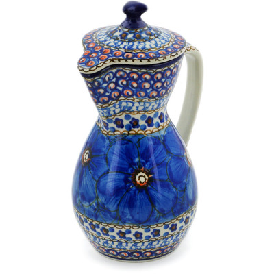 Polish Pottery Pitcher with Lid 17 oz Cobalt Poppies UNIKAT