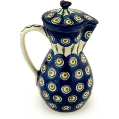 Polish Pottery Pitcher with Lid 17 oz Peacock Leaves