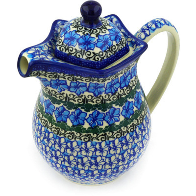 Polish Pottery Pitcher with Lid 30 oz Blue Lagoon