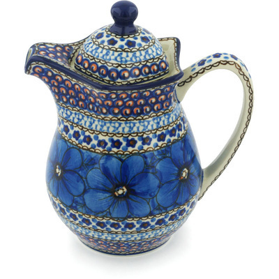 Polish Pottery Pitcher with Lid 30 oz Cobalt Poppies UNIKAT