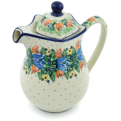 Polish Pottery Pitcher with Lid 30 oz Dotted Floral Wreath UNIKAT
