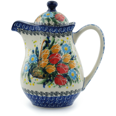 Polish Pottery Pitcher with Lid 30 oz Tulip Splendor UNIKAT