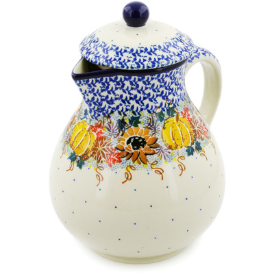 Polish Pottery Pitcher with Lid 34 oz Autumn Falling Leaves UNIKAT