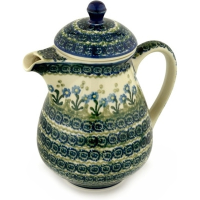 Polish Pottery Pitcher with Lid 52 oz Blue Daisy Circle