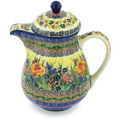 Polish Pottery Pitcher with Lid 52 oz Copper Rose Meadow UNIKAT