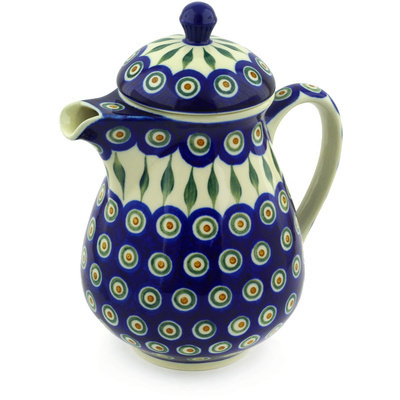 Polish Pottery Pitcher with Lid 52 oz Peacock Leaves