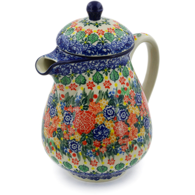 Polish Pottery Pitcher with Lid 52 oz Red Bouquet UNIKAT
