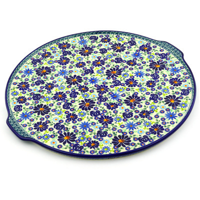 Polish Pottery Pizza Plate 17&quot; Blue Summer Garden