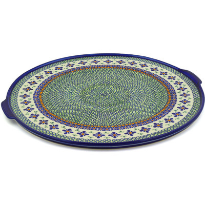 Polish Pottery Pizza Plate 17&quot; Gingham Flowers