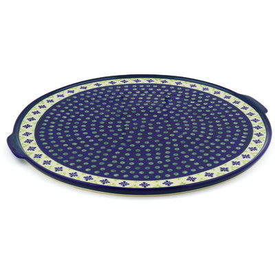 Polish Pottery Pizza Plate 17&quot; Green Gingham Peacock