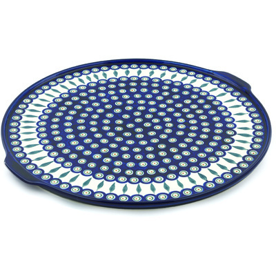 Polish Pottery Pizza Plate 17&quot; Peacock Leaves