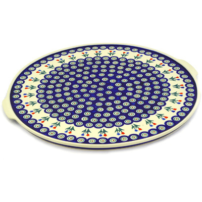 Polish Pottery Pizza Plate 17&quot; Tulip Pair Peacock