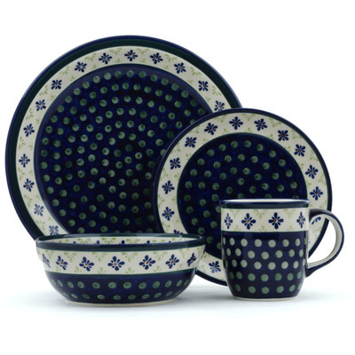 Polish Pottery Place Setting 11&quot; Green Gingham Peacock