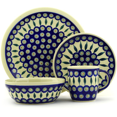 Polish Pottery Place Setting 11&quot; Peacock Leaves