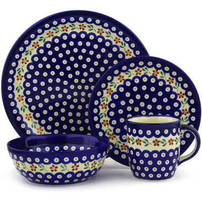 Polish Pottery Place Setting 11&quot; Red Daisy Peacock