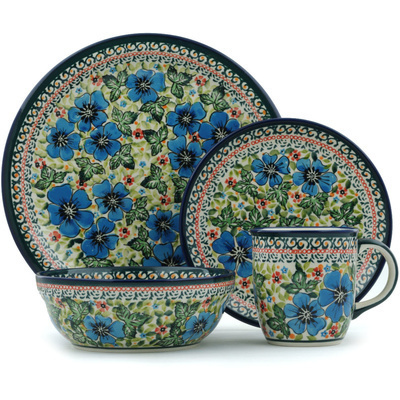 Polish Pottery Place Setting 11&quot; Vibrant Blue Flowers UNIKAT