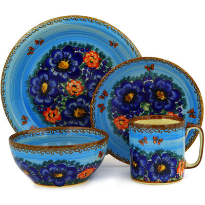 Polish Pottery Place Setting 4-Piece: Mug, Bowl, Dinner Plate, Side Plate Blue Garden UNIKAT