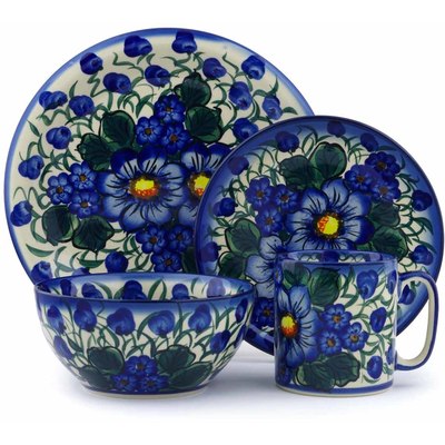 Polish Pottery Place Setting 4-Piece: Mug, Bowl, Dinner Plate, Side Plate Blue Violet UNIKAT