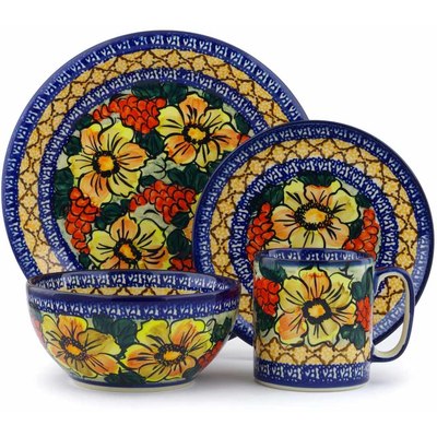 Polish Pottery Place Setting 4-Piece: Mug, Bowl, Dinner Plate, Side Plate Colorful Bouquet UNIKAT