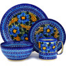 Polish Pottery Place Setting 4-Piece: Mug, Bowl, Dinner Plate, Side Plate Corn In The Blue UNIKAT