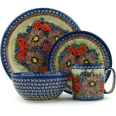 Polish Pottery Place Setting 4-Piece: Mug, Bowl, Dinner Plate, Side Plate Midnight Garden UNIKAT