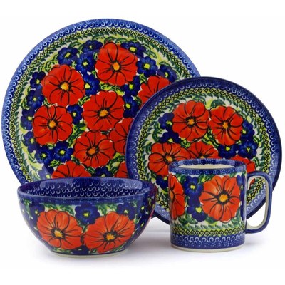 Polish Pottery Place Setting 4-Piece: Mug, Bowl, Dinner Plate, Side Plate Red Star UNIKAT