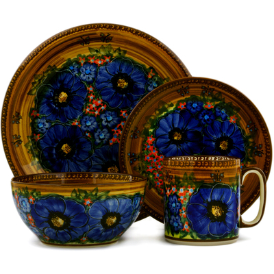 Polish Pottery Place Setting 4-Piece: Mug, Bowl, Dinner Plate, Side Plate Tropical Wildflowers UNIKAT