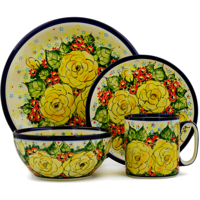 Polish Pottery Place Setting 4-Piece: Mug, Bowl, Dinner Plate, Side Plate Yellow Blooming Rose UNIKAT