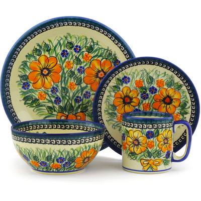 Polish Pottery Place Setting 4-Piece: Mug, Bowl, Dinner Plate, Side Plate Yellow Flower UNIKAT