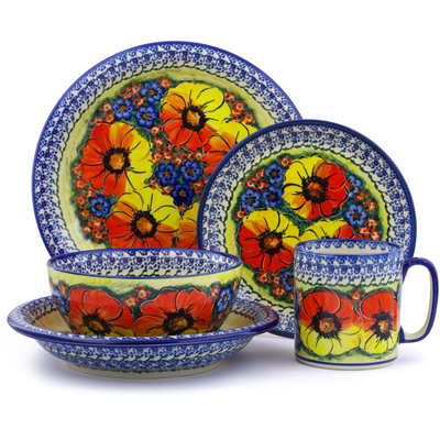 Polish Pottery Place Setting 5-Piece: Mug, Bowl, Pasta Bowl, Dinner Plate, Dessert Plate Mystical Garden UNIKAT